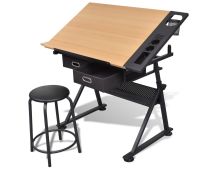 vidaXL Two Drawers Tiltable Tabletop Drawing Table with Stool