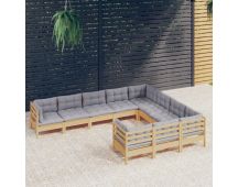 vidaXL 10 Piece Garden Lounge Set with Grey Cushions Pinewood