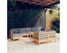 vidaXL 10 Piece Garden Lounge Set with Grey Cushions Solid Pinewood