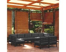 vidaXL 10 Piece Garden Lounge Set with Cushions Black Solid Pinewood