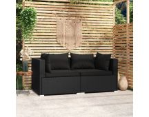 vidaXL 2-Seater Sofa with Cushions Black Poly Rattan