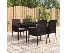 vidaXL 5 Piece Garden Dining Set with Cushions Black Poly Rattan