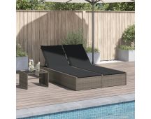 vidaXL Double Sun Lounger with Cushions Grey Poly Rattan