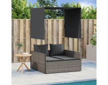 vidaXL Double Sun Lounger with Roof and Curtains Grey Poly Rattan