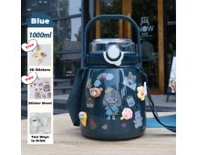 1000ml Large Water Bottle Stainless Steel Straw Water Jug with FREE Sticker Packs (Blue)