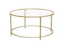 VASAGLE Round Coffee Table Glass Table with Steel Frame Gold