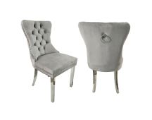 Set of 2 -Alsea Light Grey Velvet & Silver Polished Steel Dining Chairs Upholstered Tufted Stud Trim and Ring