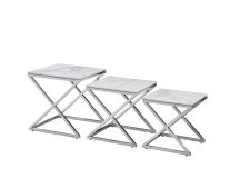 Bella Set of 3 Silver Side Table - White Marble