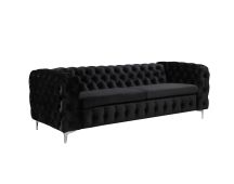 3 Seater Sofa Classic Button Tufted Lounge in Black Velvet Fabric with Metal Legs