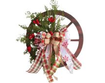 Christmas Red Wooden Wheel Wreath Front Door Hanging Garland Wall Decor(40*40cm)