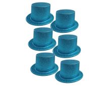 6x GLITTER TOP HAT Fancy Party Plastic Costume Tall Cap Fun Dress Up BULK - Sky Blue